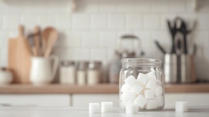 Poster - Glass jar filled with refined sugar cubes sits on a kitchen counter, advocating for a sugar free or low sugar lifestyle to reduce health risks associated with excessive sugar consumption