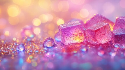 Abstract, vibrant, iridescent,  pink,  transparent cubes with water droplets on a glittery surface, bokeh background.