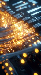 Poster - Networking event with hyperrealistic cables and lights in a technology environment close-up view for seo impact