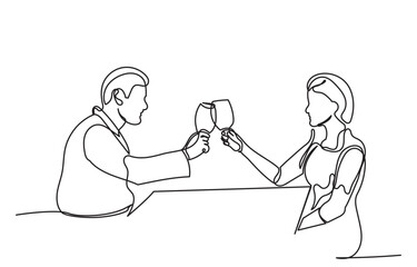 Wall Mural - Continuous line drawing of a romantic couple in a restaurant having lunch. one line couple dining in the restaurant vector illustration. Lifestyle, love, relationships, food concept.