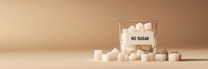 Aufkleber - Small glass container filled with sugar cubes and labeled with no sugar promotes a sugar free lifestyle and raises awareness about sugar consumption