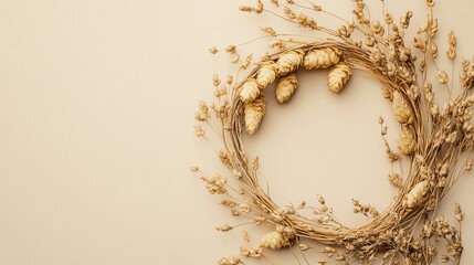 A wreath of hops and dried flowers, isolated on a pale cream background with warm tones