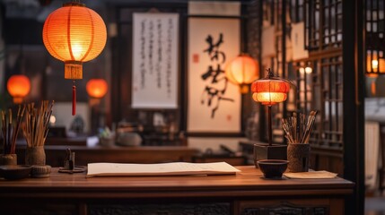 Poster - Tranquil Asian Study Illuminated by Lanterns