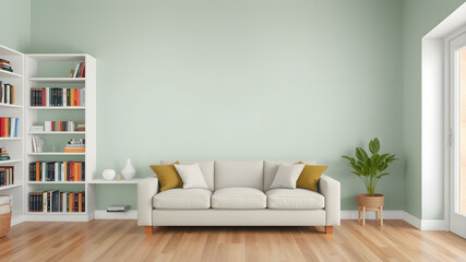 Wall Mural - Modern Minimalist Living Room: A serene and stylish living room with a white couch, a bookshelf filled with books, a potted plant, and a large blank wall, perfect for showcasing artwork or your brand.