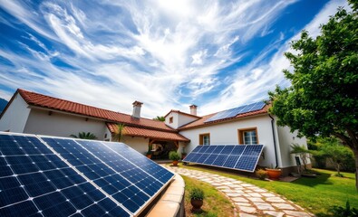 Wall Mural - Traditional spanish villa featuring solar panels innovative solar panel innovation power electricity energy technology panel renewable