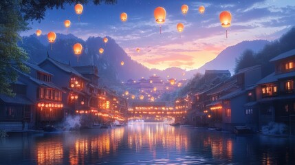 Wall Mural - Serene Asian Cityscape Illuminated By Floating Lanterns At Dusk