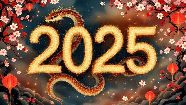 2025 luxury Chinese snake new year background with copy space for text, cinese style in gold and red colors, numbers 2025  background, Chinese New Year concept.