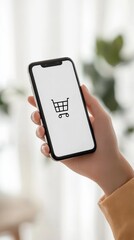 Poster - Woman is holding a smartphone displaying a shopping cart icon, representing the growing trend of online shopping and e commerce, making purchasing convenient and accessible