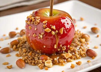 Poster - The image shows a caramel apple with nuts on a tray, along with two cinnamon sticks.