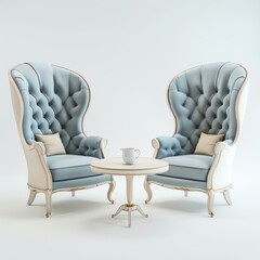 Poster - Two stylish wingback armchairs with blue velvet upholstery and a round coffee table creating a sophisticated and comfortable seating area