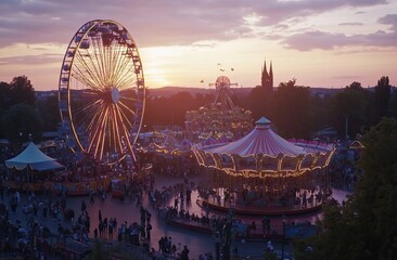 Amusement Park. Bright carnival scenes with cheerful crowds enjoying rides and vibrant attractions, AI generated image