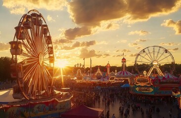 Amusement Park. Bright carnival scenes with cheerful crowds enjoying rides and vibrant attractions, AI generated image