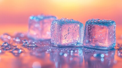 Poster - Close-up of ice cubes with water droplets, vibrant colors.