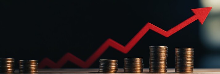 Poster - Ascending red arrow rising over progressively taller stacks of coins represents positive financial growth, successful investment strategy, and increasing profits