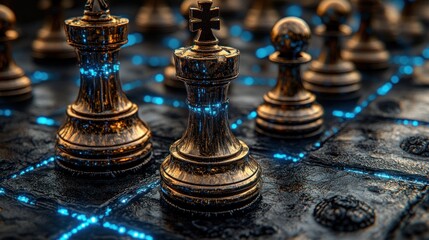 Close-up view of golden chess pieces on a dark board with glowing lines.