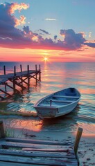 Wall Mural - Breathtaking sunset over ocean with dock and boat, showcasing nature s splendor and tranquility