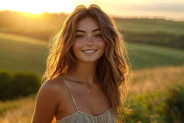 Sticker - In warm glow of a summer sunset, a beautiful, happy caucasian woman strikes a confident pose, her radiant smile lighting up panoramic view of rolling hills and lush greenery, creating a picturesque s