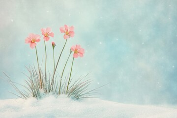 Canvas Print - Delicate pink flowers emerge from snow.