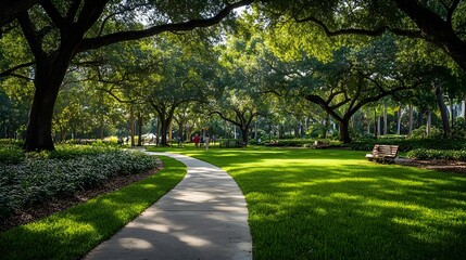 Serene Park Path with Lush Greenery and People Relaxing