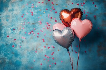 Poster - Heart shaped balloons floating on a blue background with confetti celebrating valentine's day