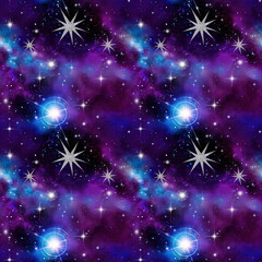 Wall Mural - Cosmic Night Sky Mystical Seamless Pattern with Stars and Nebula