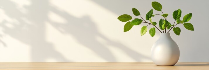 Fototapete - Sunlight casts shadows of leaves on a minimal white wall illuminating a wooden table with a white vase containing a plant with green leaves, creating a serene and natural atmosphere