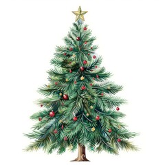 Poster - Festive watercolor painting of a christmas tree decorated with colorful ornaments and a golden star, perfect for holiday projects