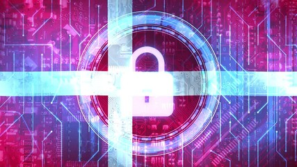 Poster - Denmark high cyber security concept with waving flag and glowing lock, 4k animation