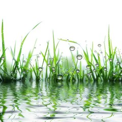 Poster - Green grass blades with transparent water drops reflecting on a water surface against a white background