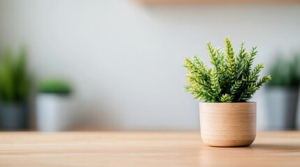 Aufkleber - Sitting on a kitchen countertop, a small green plant in a wooden pot enhances the interior design, bringing a refreshing touch of nature and growth to the cozy living space