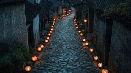 Poster - Illuminated Cobblestone Lane In Ancient Chinese Village