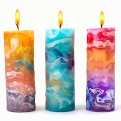 Poster - studio shot featuring three burning marbled candles with vibrant, swirling colors, set against a cle