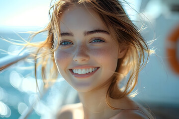 Wall Mural - on a sunny summer day, a young woman with a radiant smile stands near cruise ship, her hair gently b