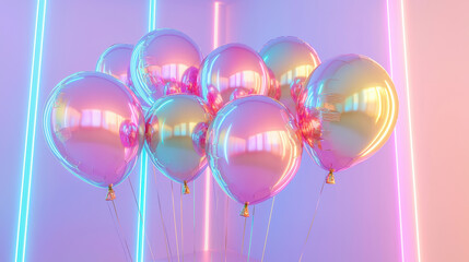 Wall Mural - group of shiny holographic balloons float in vibrant colors, creating festive atmosphere