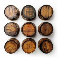 Poster - nine small wooden barrels forming a square on a white background, seen from above