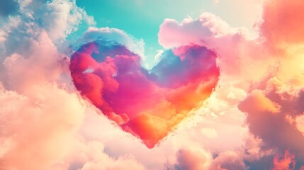 A creative, colorful heart in the clouds with abstract designs and a soft sky background created with generative AI