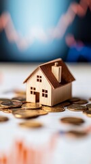 Poster - Miniature wooden house standing on coins symbolizing property investment and financial growth against a backdrop of a rising stock market graph, indicating positive investment returns