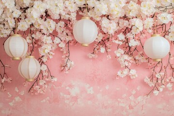 Wall Mural - Pink wall decorated with cherry blossoms and paper lanterns.