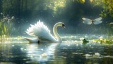 Elegant swan gliding on serene pond, accompanied by curious frog and hovering dragonfly, tranquil nature scene unfolding.
