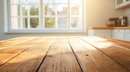 Aufkleber - Sunlight is shining brightly through a large window in a kitchen, illuminating an empty wooden table in the foreground, creating a warm and inviting atmosphere