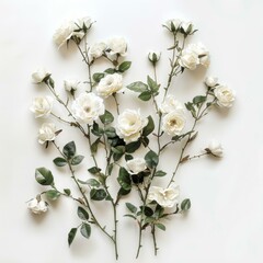 Poster - Branches of white roses with green leaves lying on a white background, creating a delicate and elegant floral arrangement