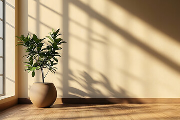 Wall Mural - A 3D-rendered empty room with a beige wall, wooden flooring, and a potted plant serves as background for this stock photo