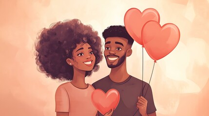 Wall Mural - smiling couple holding heart-shaped balloons, their faces full of love and happiness, set against a 