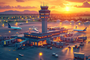 Wall Mural - In radiant glow of a summer sunset, a breathtaking wide-angle view captures isometric low poly airport terminal building with its sleek control tower, bustling apron filled with landing jets and airp