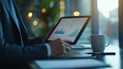 Poster - Businessman is holding a tablet displaying financial charts and graphs, indicating data analysis and business strategy development in a modern office environment