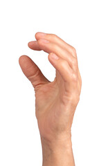 Wall Mural - Pinch gesture. Senior woman s wrinkled hand with thumb and index finger close together, holding or measuring something small and invisible. Side view of a mature person demonstrating a precise grip.