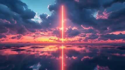 Poster - Red Light Beam Rises Through Sunset Clouds Over Water