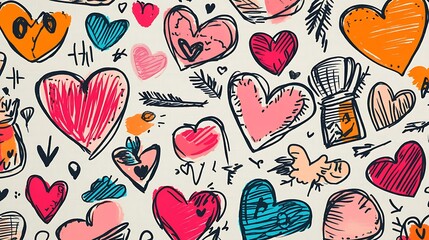 Wall Mural - a background full of sweet love doodles, including hearts, cupids, and arrows, drawn in bold, colorf
