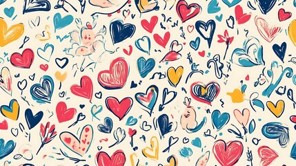 Wall Mural - a background full of sweet love doodles, including hearts, cupids, and arrows, drawn in bold, colorf