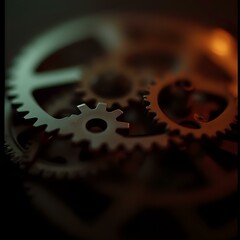 The image is a close-up view of a complex mechanical system featuring a series of interlocking gears, with the center gear in sharp focus and the rest blurred in the background.